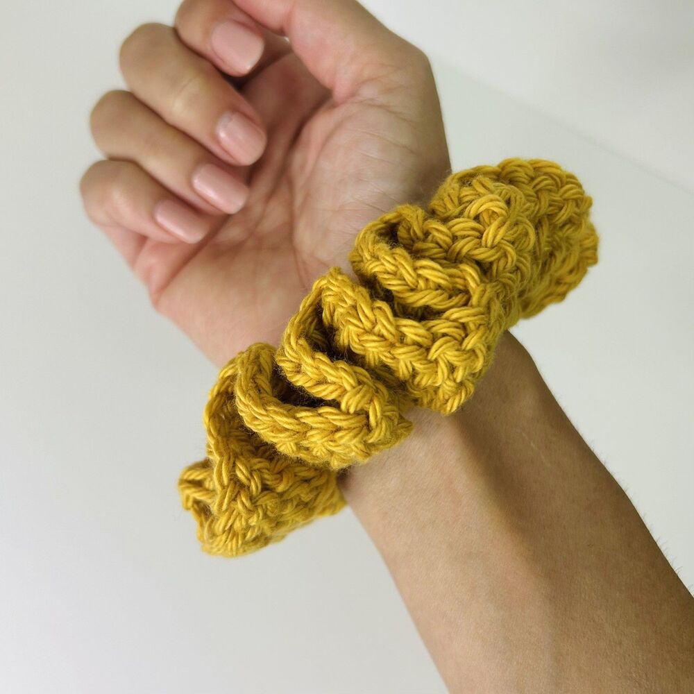 4” Handmade 100% Cotton Mustard Yellow Crochet Scrunchie NWOT